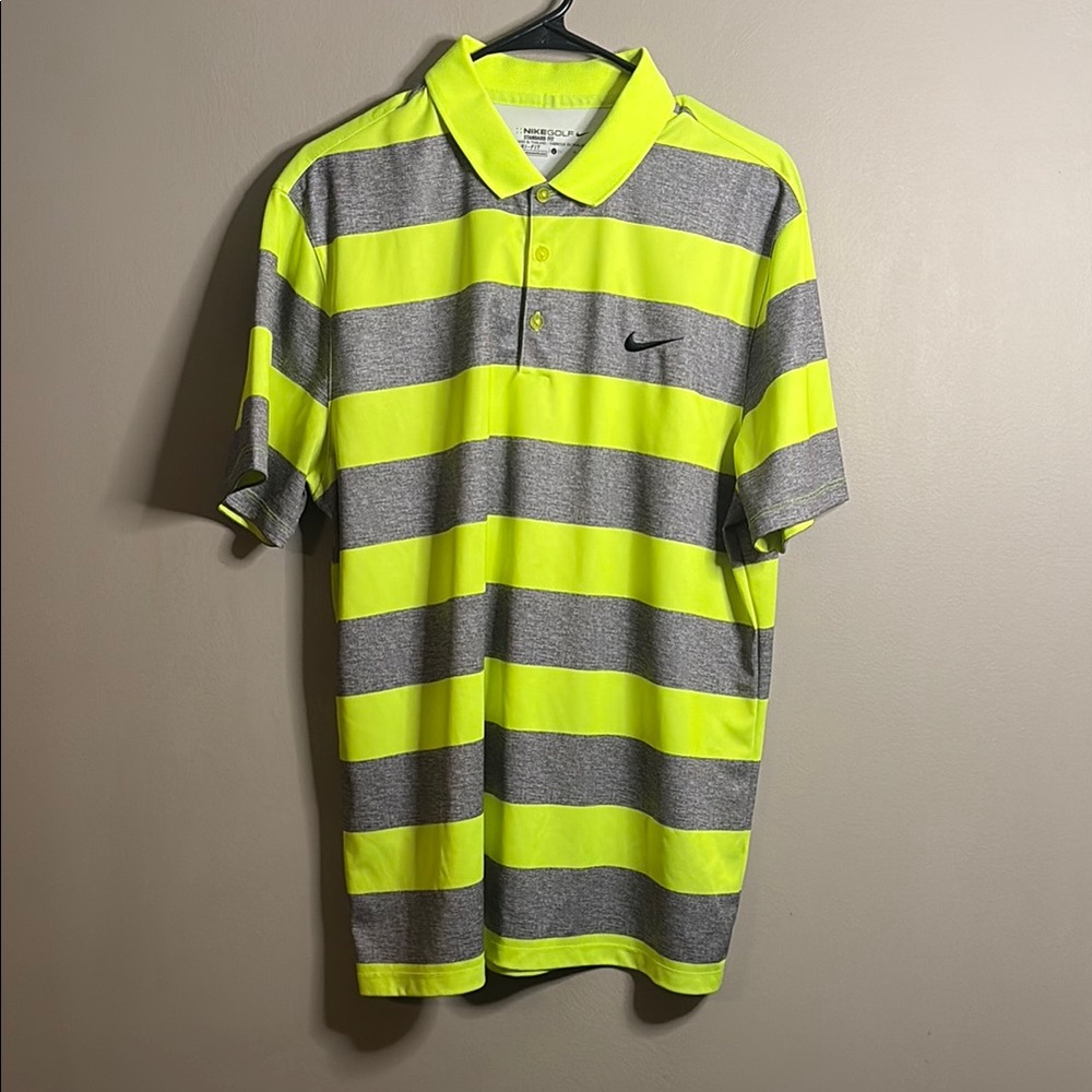 Nike Men's Polo Shirt - Neon Yellow and Gray Stripes